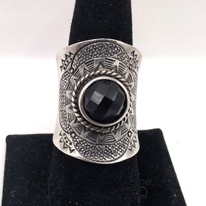 Vintage NF 925 Sterling Silver Faceted Black Stone Hematite Thai Thailand Ring